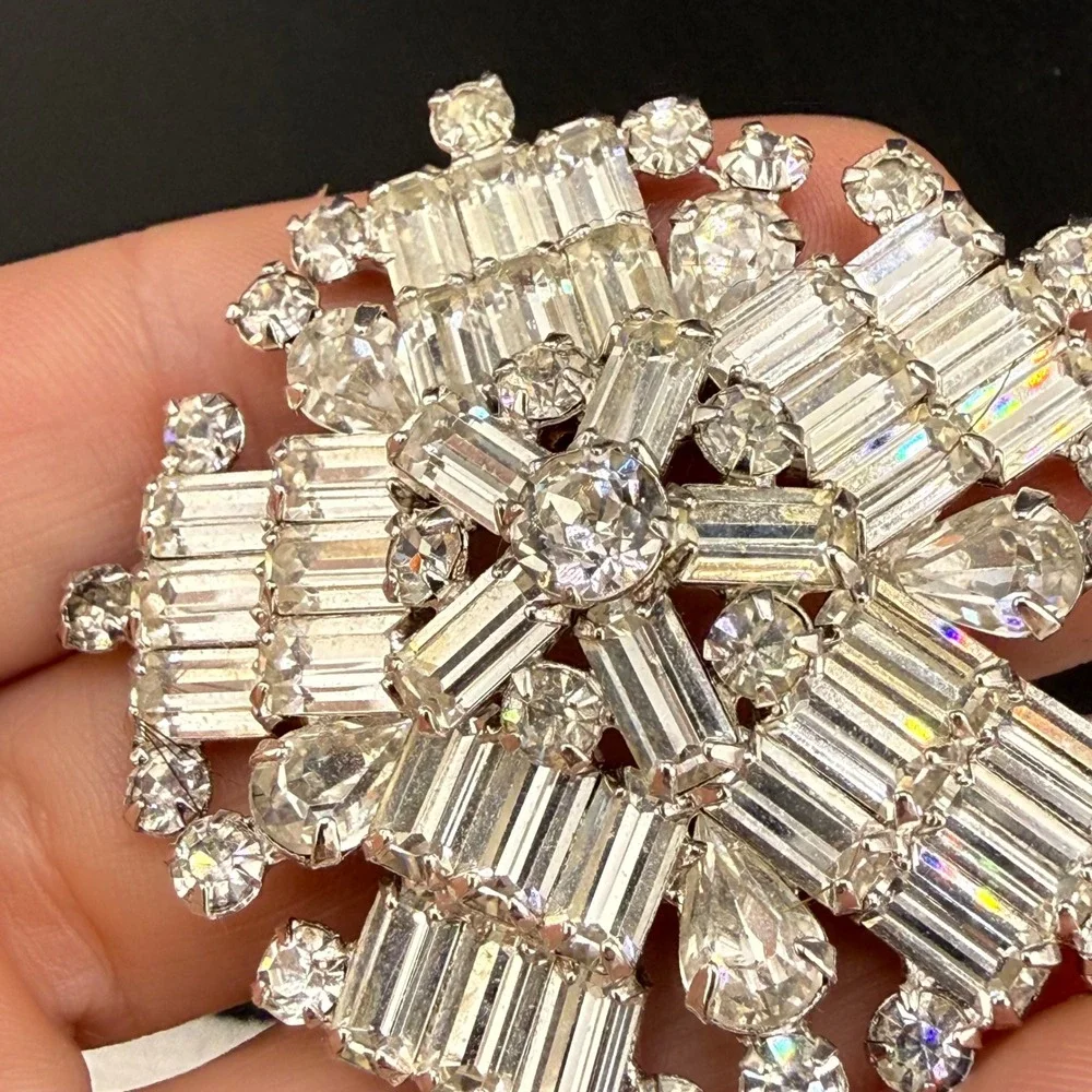 Vintage Kramer NY Brooch Snowflake Clear Rhinestone Baguette Pear Statement